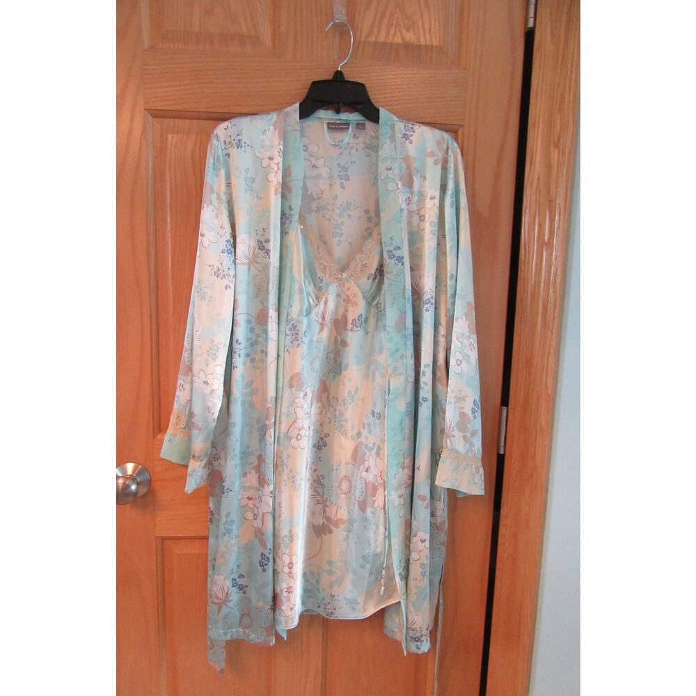 Apt 9 Intimates Short Nightgown Robe Set With Belt Aqua Floral Med/Lg Romantic